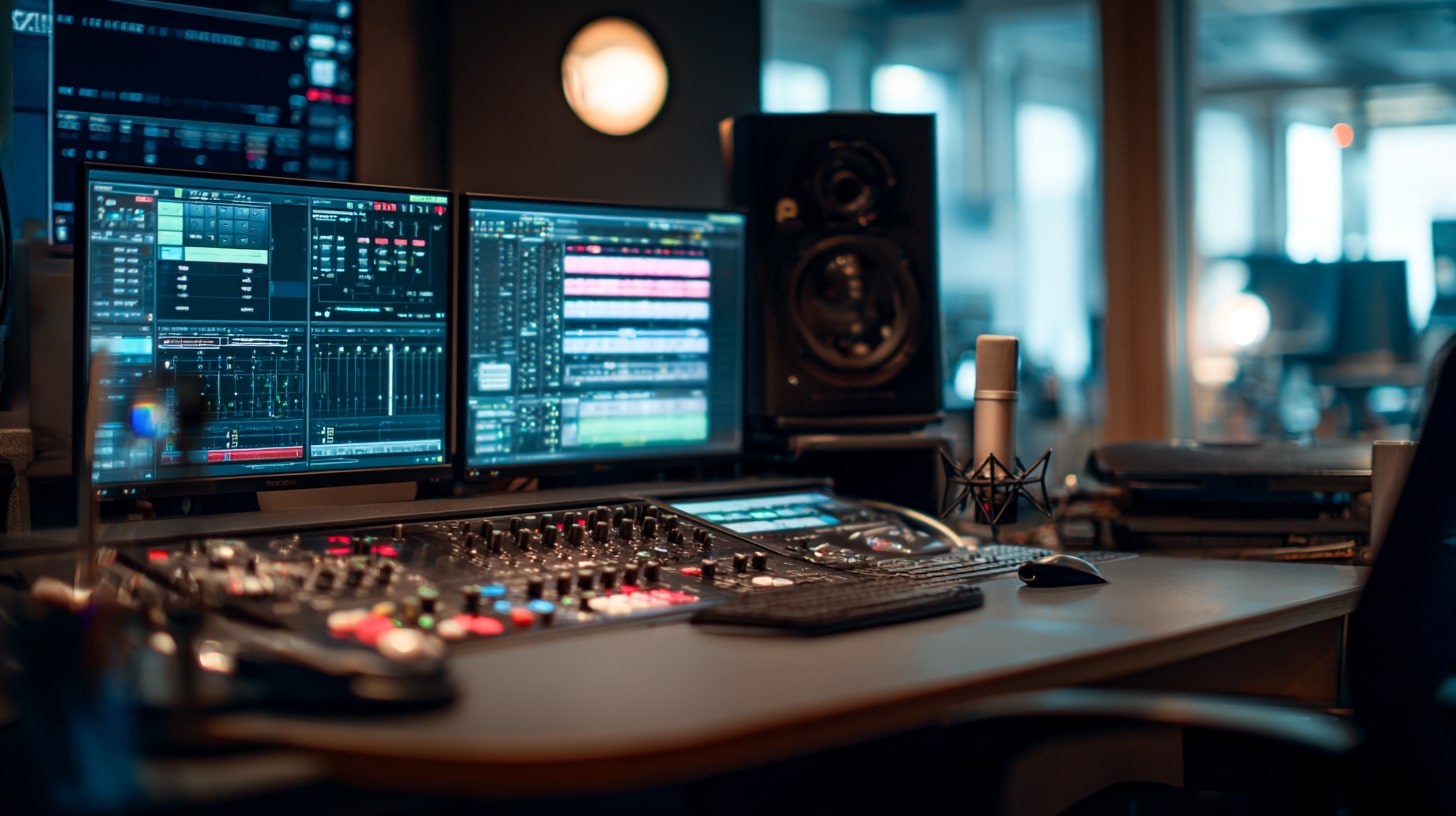 Poste de production radio avec console de mixage et écrans pour le traitement et la transcription des émissions