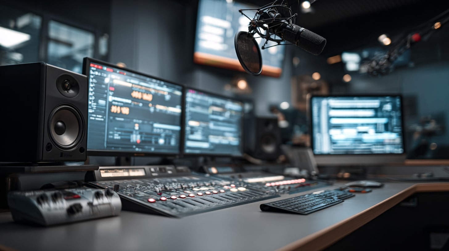 Espace de travail technique pour le montage et l’édition d’émissions de radio en vue de leur transcription