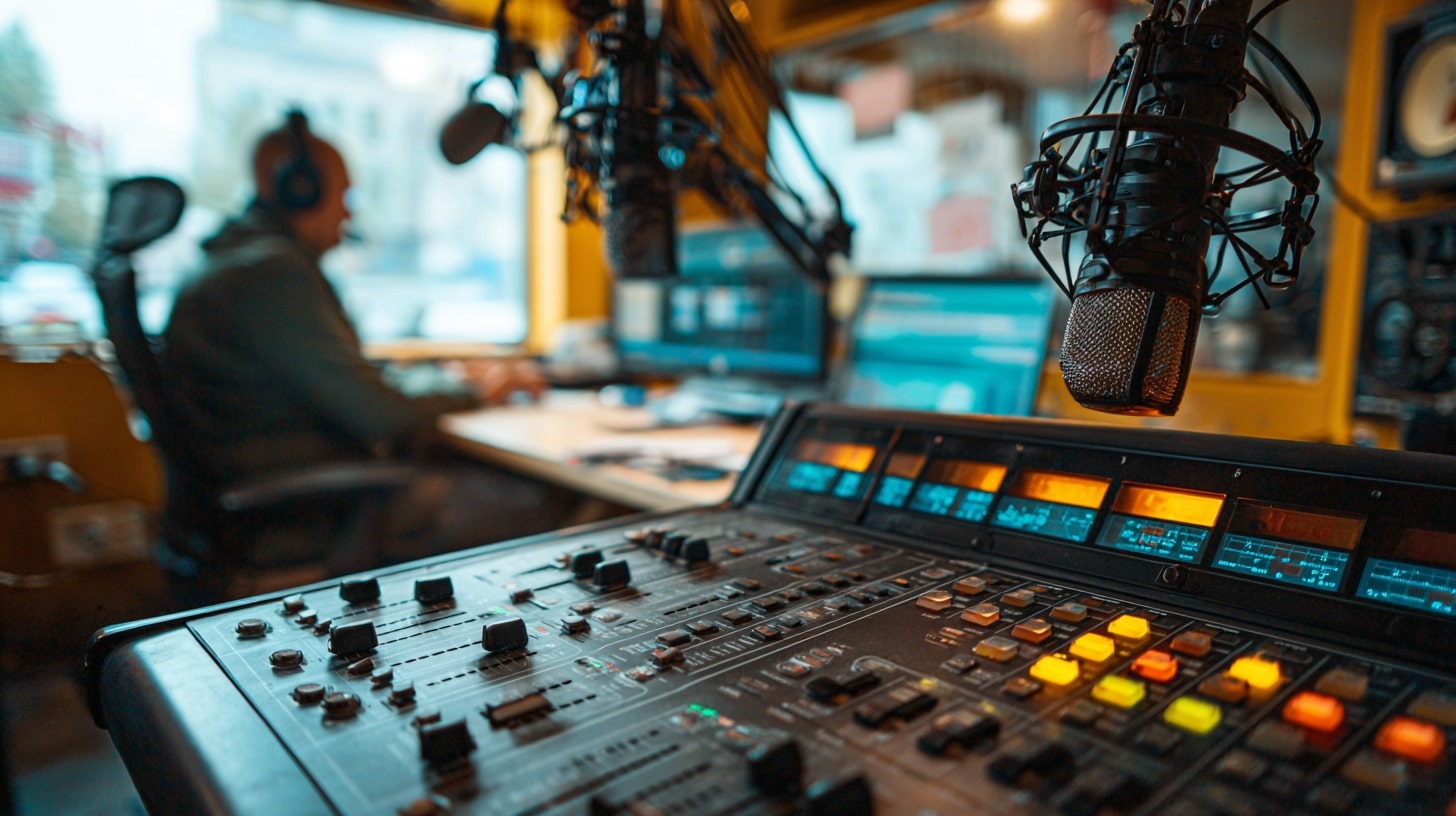 Studio de radio moderne avec micros et table de mixage pour l’enregistrement d’émissions à transcrire