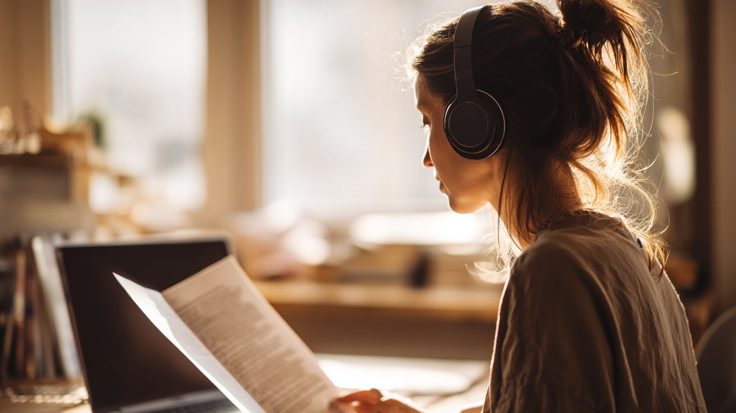 Personne écoutant une émission au casque tout en lisant sa transcription pour vérification et accessibilité